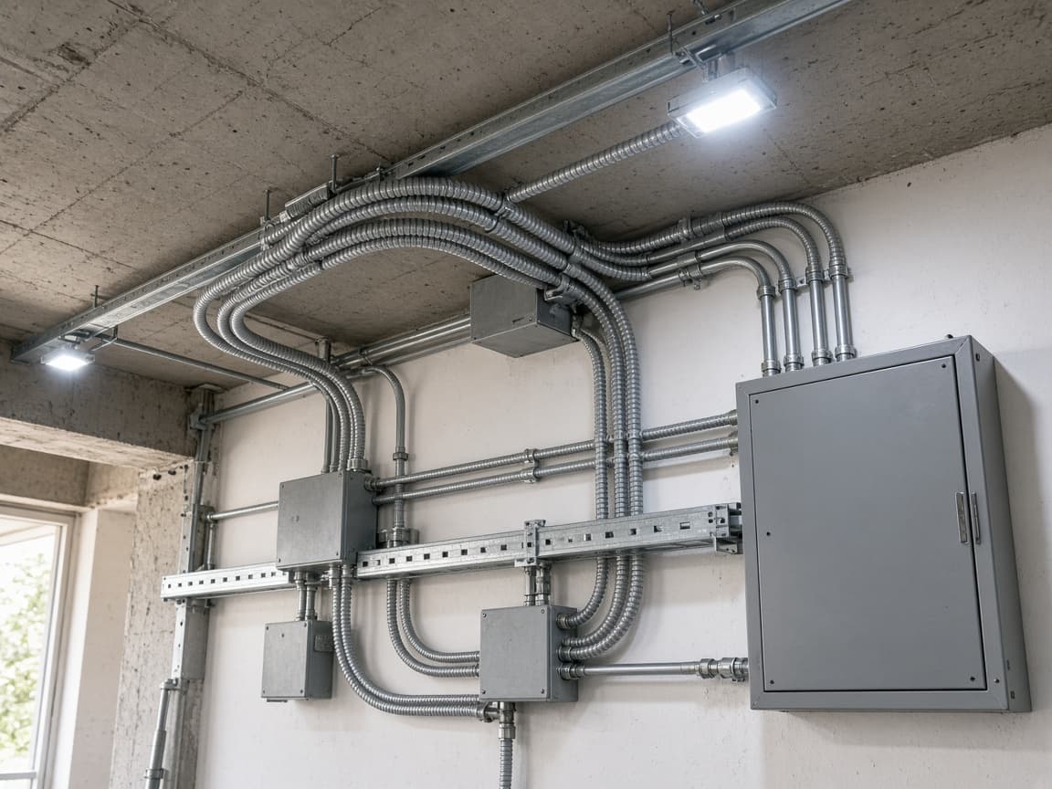 Instalación eléctrica con tubería flexible y cajas de conexión en un edificio comercial